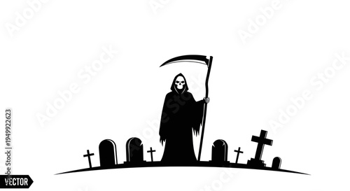 Grim Reaper Silhouette with Scythe in Graveyard, Halloween Icon