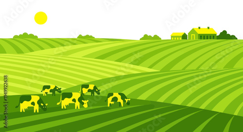 Pastoral Countryside Scene: Cows Grazing on Rolling Green Hills Under a Sunny Sky