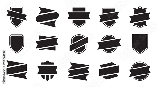 Collection of black and white shield and ribbon icons on white background