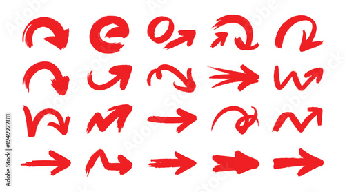 Collection of red brush stroke arrows on white background for design