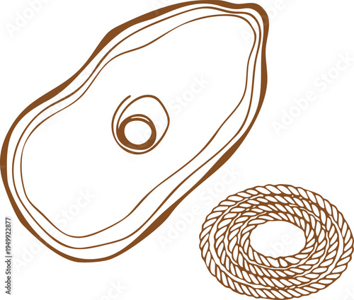 Raw steak cut with onion ring and coiled rope line drawing