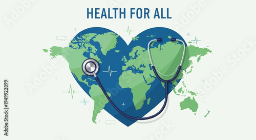 Global healthcare concept with stethoscope on heart shaped world map for health for all