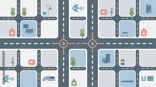 An illustration of a city map with roads and various buildings and landmarks