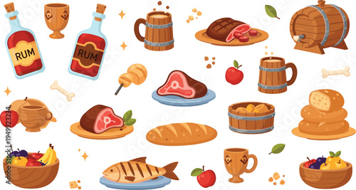 Medieval Tavern Food and Drink Vector Set with Rum Bottles, Meat, Bread, Fish, Fruit and Wooden Mugs