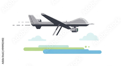 Illustration of a Military Drone Flying Over a Landscape.