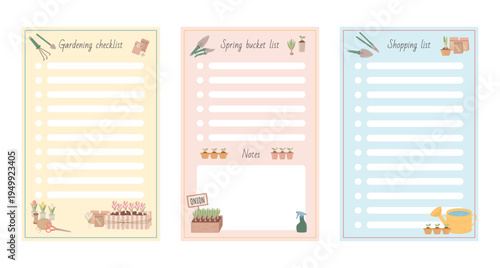 Set of 3 pastel gardening planner templates in modern flat vector style. Includes a gardening checklist, spring bucket list and shopping list decorated with garden tools, seed packets, potted plants