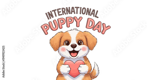 Illustration of an adorable puppy holding a heart on International Puppy Day with a cute design and playful concept against a clean white background.