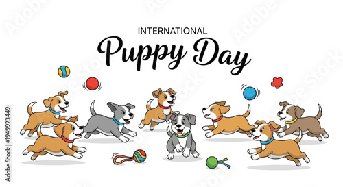 A playful illustration of adorable puppies celebrating International Puppy Day with colorful toys on a white background.