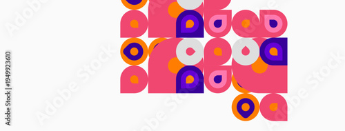 Abstract geometric shapes, rectangles, circles. Pink, purple, orange hues dominate white background. Modern design, playful composition.