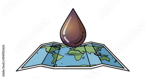 Global Oil Dependence - A World Map Under the Weight of a Dark Oil Drop.
