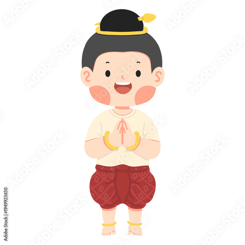 Child in Traditional Thai Clothing Wai Greeting