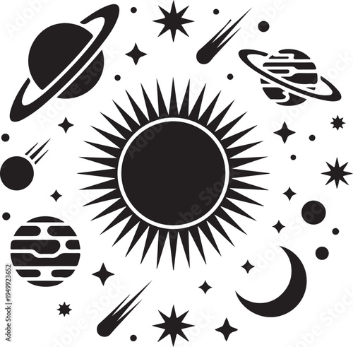 Cosmic space illustration sun planets stars comets moon celestial bodies solar system elements on transparent background