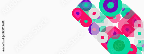 Abstract colorful circles overlap white background. Modern design, vibrant hues create dynamic visual effect. Simple geometry.