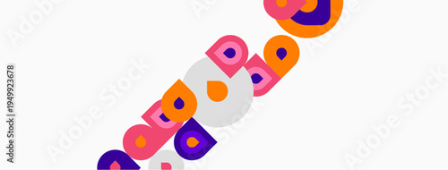 Colorful abstract shapes scattered across white background. Geometric forms create playful, modern visual. Bright hues dominate composition.