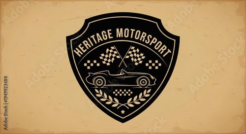 Heritage Motorsport Emblem with Classic Car and Checkered Flags.