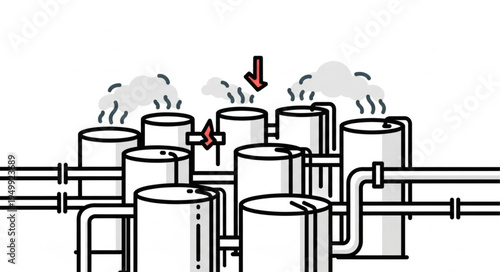Industrial Plant Illustration - Tanks, Pipes, and Emissions.