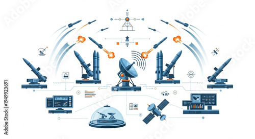 Integrated Missile Defense System with Radar and Satellite Communication.