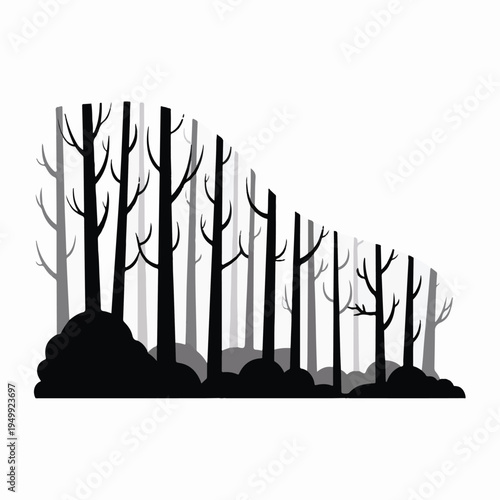 Dark forest silhouette of deciduous trees with bare branches layered in a gentle wave pattern suggesting natural mystery and autumnal decay