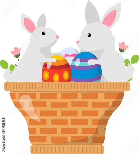 Easter Bunnies In A Basket With Eggs Illustration
