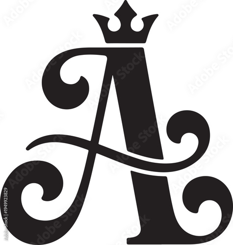 Elegant letter a monogram with crown in black and white, vintage ornate alphabet emblem for royalty and luxury brand.
