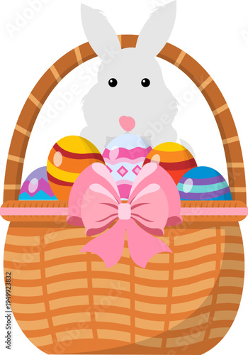 Easter Bunnies In A Basket With Eggs Illustration