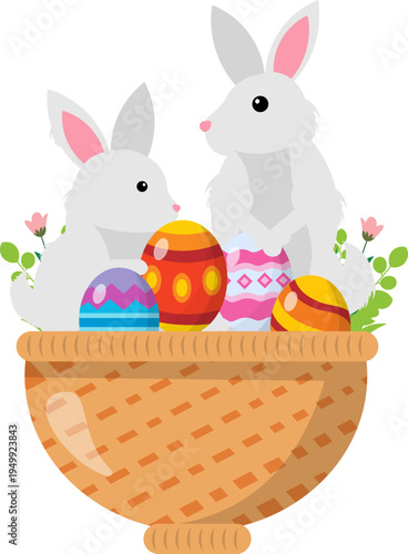 Easter Bunnies In A Basket With Eggs Illustration