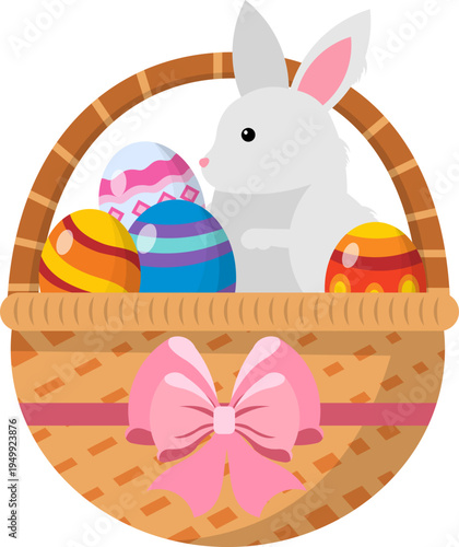 Easter Bunnies In A Basket With Eggs Illustration