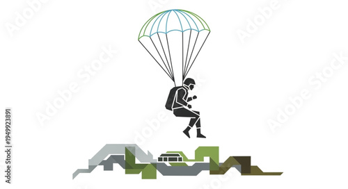 Parachutist descending over a rugged landscape, silhouette against white.
