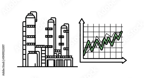 Illustration of an industrial plant with a graph showing production trends.