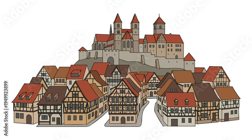Historic Town with Castle and Traditional Half-Timbered Houses in Europe