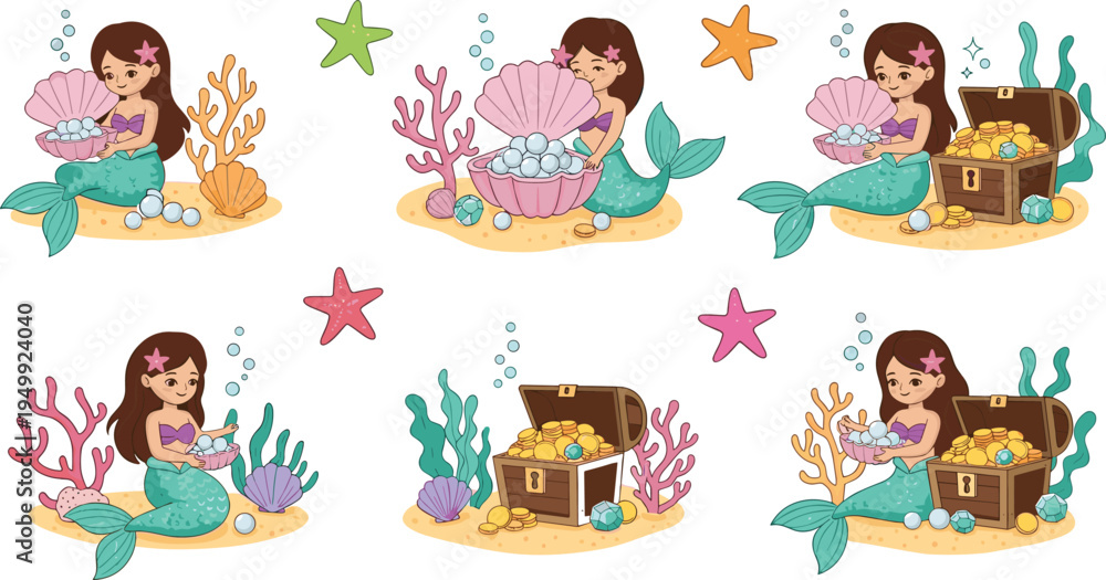 Fototapeta premium Cute Mermaid Treasure Cartoon Vector Set Featuring Little Mermaid with Pearls, Seashells, Coral, Starfish, and Treasure Chest in Adorable Ocean Style