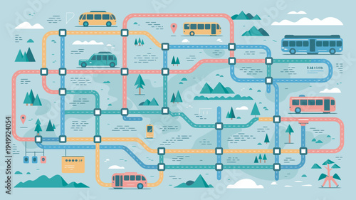 A colorful illustration of a transportation map with various vehicles and routes through a scenic landscape