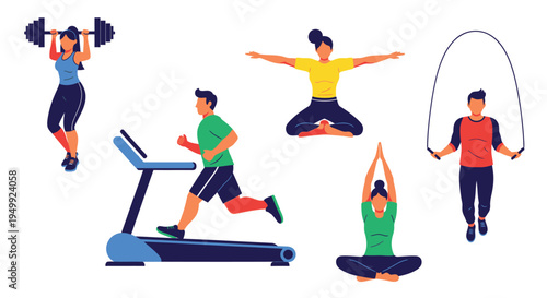 People engaging in various fitness activities with exercise equipment and yoga