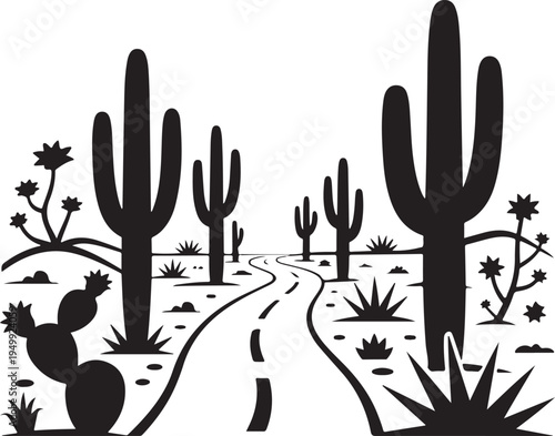 Desert landscape with saguaro cacti and winding road, arid environment with sparse vegetation and mountains