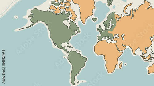 A colorful illustration of the world map with continents highlighted in different shades of green and orange.