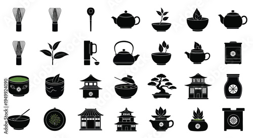Japanese tea ceremony objects and elements in a dark silhouette