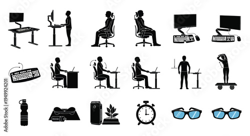 Office workers in various postures and related equipment silhouette high quality
