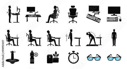 Office scenes and worker postures depicted in a black silhouette