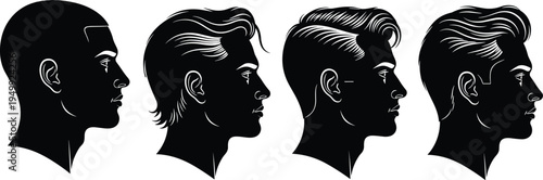 Men hairstyle evolution side profile silhouettes, male haircut styles collection, barber fashion vector illustration isolated design