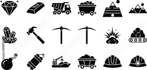 Mining industry icon set featuring diamonds, gold bars, dump truck, coal carts, pickaxes, explosive blasts, mining helmets, and mountain extraction.