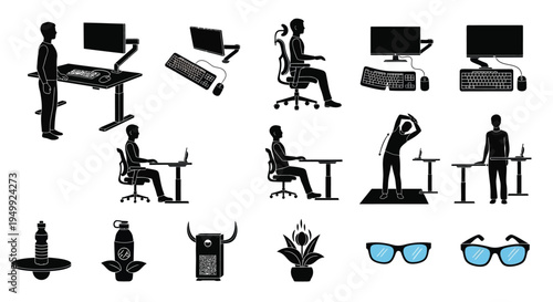 Various workstation setups and office exercises depicted in black silhouette