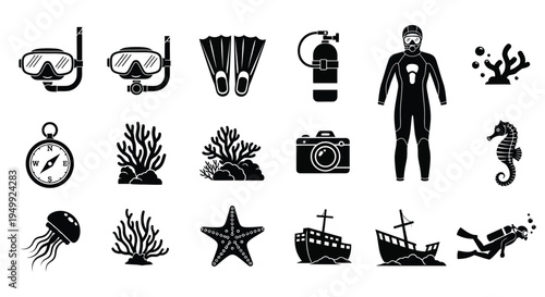 Scuba diving equipment and marine life illustrated in a black silhouette