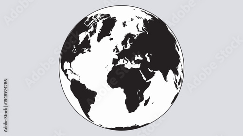 A black and white illustration of the Earth from space with a gray background