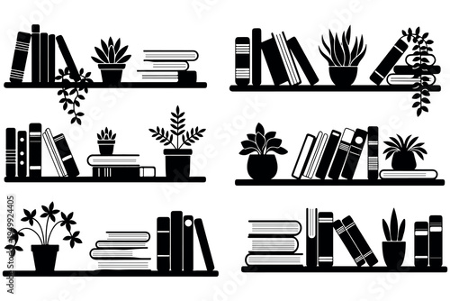 Minimalist Bookshelf with Books and Potted Plants Silhouette Set. Decorative Book Shelf Illustration with Books and Houseplants. 