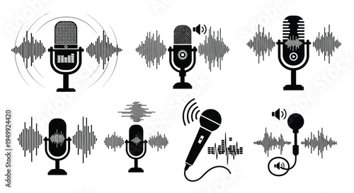 Microphone designs with sound waves presented in a black silhouette