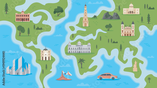 A colorful illustrated map of the world with famous landmarks and modes of transportation