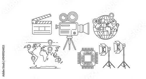 Filmmaking and global media elements depicted in a linear illustration silhouette