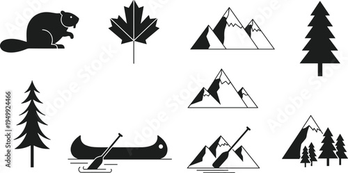 Forest and Mountain Nature Icon Set Featuring Beaver, Pine Trees, Maple Leaf, Canoe, Paddle, and Landscape Elements in Minimal Black Vector Style