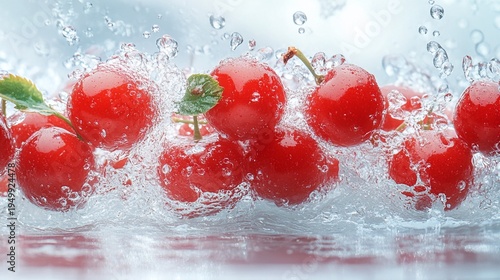 Wallpaper Mural Vibrant red cherries splashing in clear water with droplets and ripples isolated on white background with green leaves Torontodigital.ca