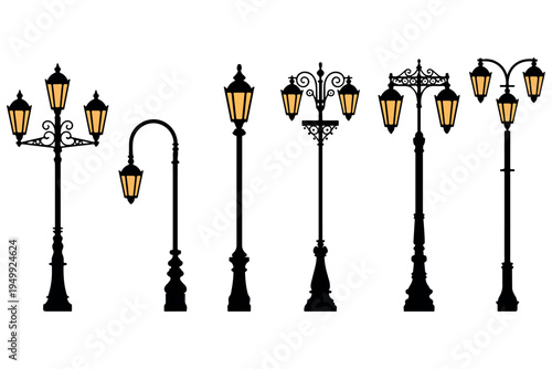 Fotografie Vintage Street Lamp Silhouettes with Glowing Lanterns